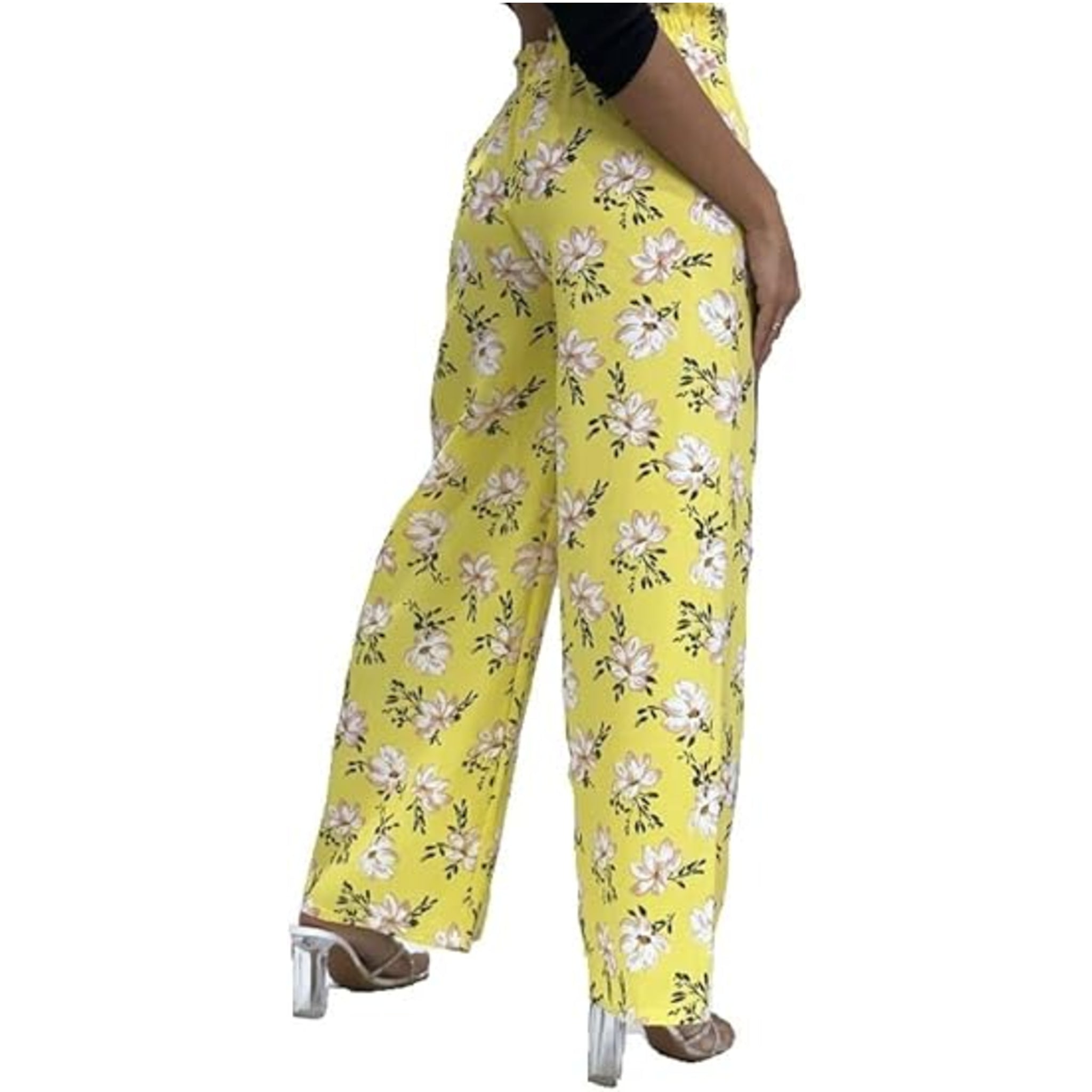 Ladies lemon yellow floral summer trousers wide leg lightweight casual holiday pants with belt